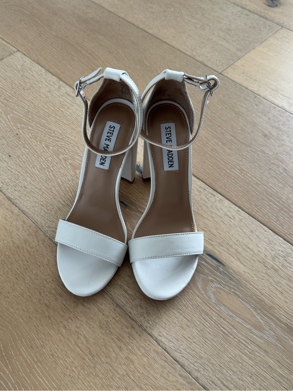 Steve Madden White Ankle Strap Block Heel Sandals